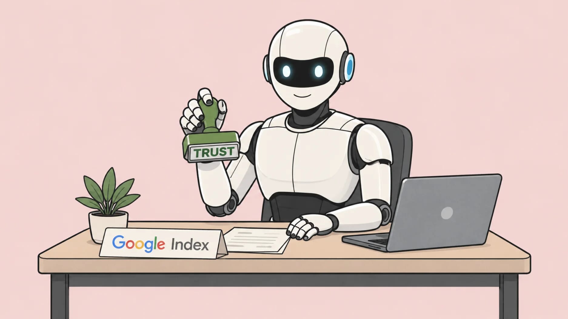 Robot într-un birou minimalist, stând la un birou etichetat „Google Index”, ținând o ștampilă verde cu textul „TRUST”, pregătit să aprobe un document, într-un stil vectorial curat și modern.